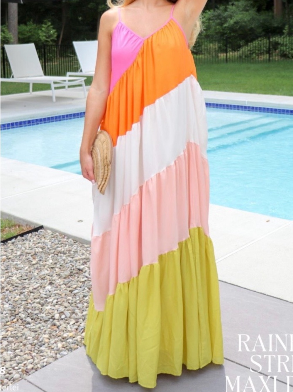 Colorblock Tiered Maxi Dress in Pink, Orange, Cream, Peach & Olive - Picture 4 of 6